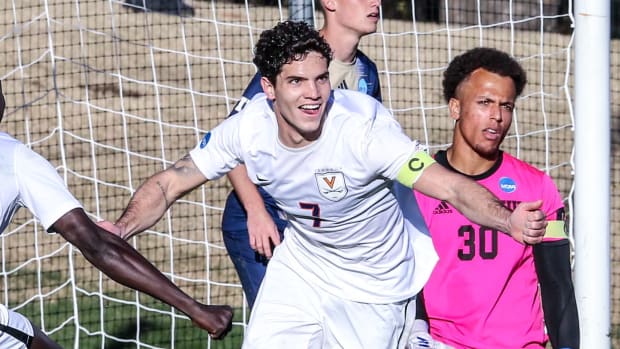 Leo Afonso scores the game-winning goal during the Virginia men's soccer game against Florida International in the second round of the NCAA Men's Soccer Tournament at Klockner Stadium.